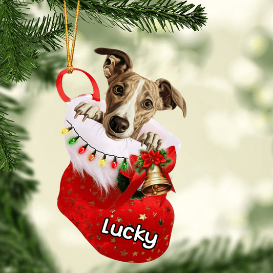 Custom Dog Acrylic Christmas Ornament, Personalized Whippet In Stocking Christmas Acrylic Ornament for Dog Lover, New Year