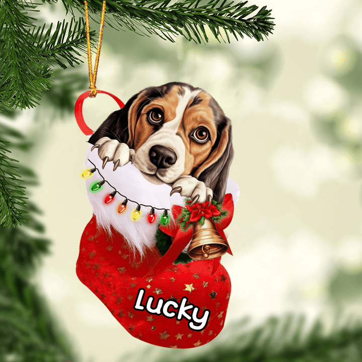 Custom Dog Acrylic Christmas Ornament, Personalized Beagle in Christmas Stocking Acrylic Ornament for Dog Lover, New Year
