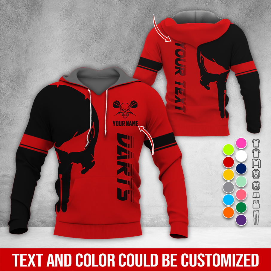 Customized Name & Text Darts Skull Premium Hoodie, Skull & Darts Pattern Hoodie, Perfect Gift For Darts Lovers, Friend, Family