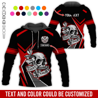 Customized Name & Text Darts Skull Premium Hoodie, In Darts We Trust Skull Pattern Colorful Hoodie, Perfect Gift For Darts Lovers, Friend, Family