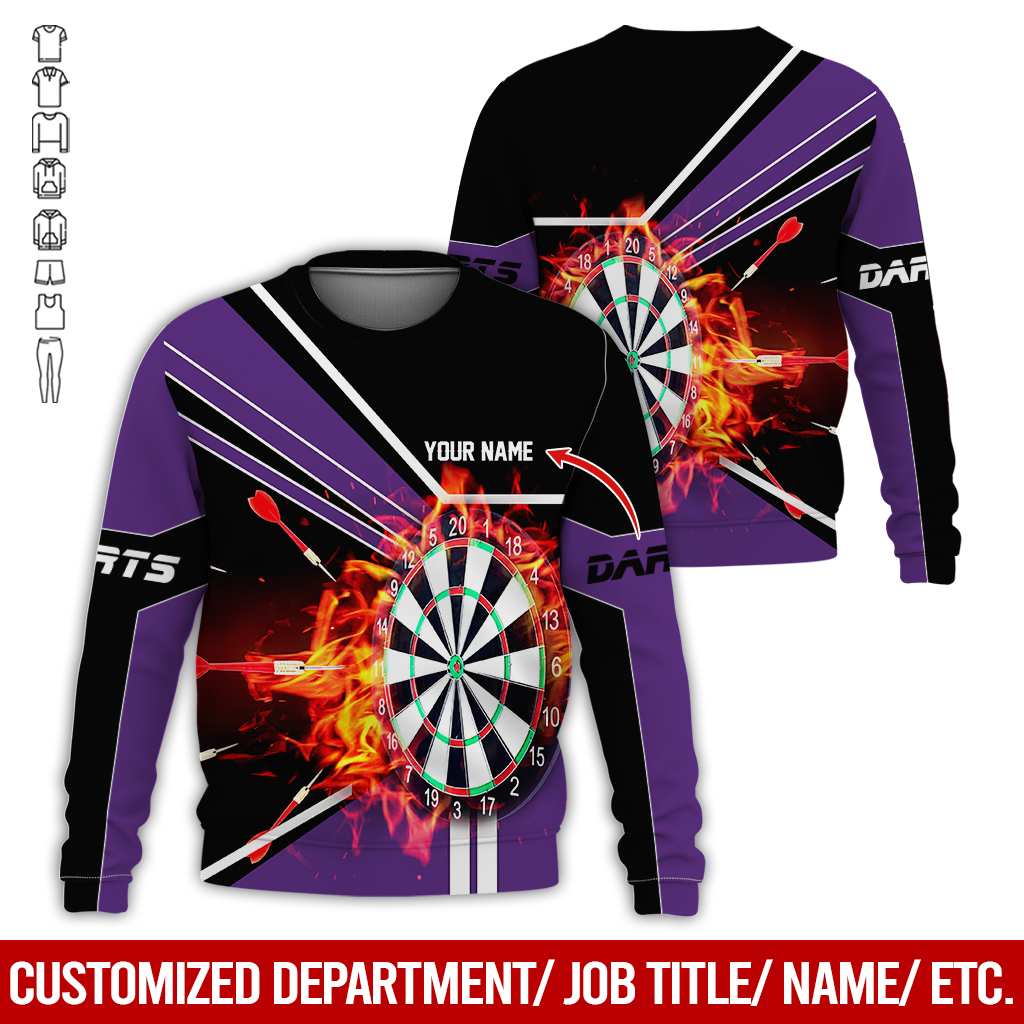 Customized Darts Sweatshirt, Personalized Name Darts Sweatshirt, Flaming Darts Pattern Sweatshirt, Perfect Gift For Darts Lovers, Darts Player