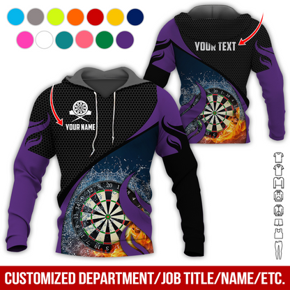 Personalized Fire & Water Darts Premium Hoodie, Customized Name & Text Darts Hoodie, Honeycomb Pattern Hoodie, Perfect Gift For Darts Lovers, Darts Player