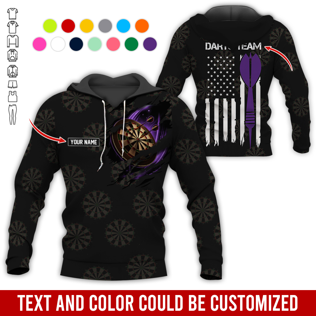 Customized Name & Team Name Darts Premium Hoodie, American Flag & Darts Pattern Black Hoodie, Perfect Gift For Darts Lovers, Friend, Family