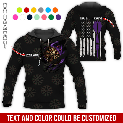 Customized Name & Team Name Darts Premium Hoodie, American Flag & Darts Pattern Black Hoodie, Perfect Gift For Darts Lovers, Friend, Family