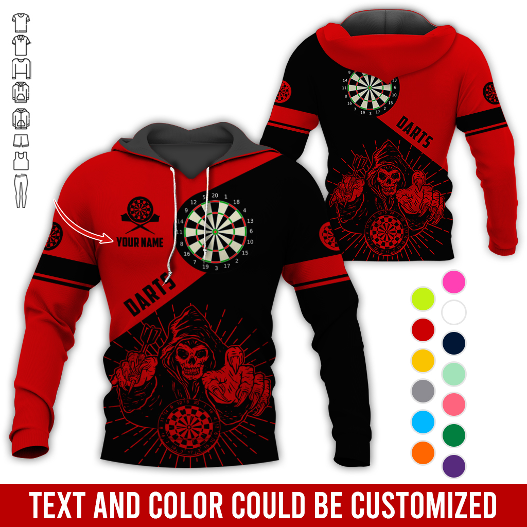 Customized Name Darts Skull Premium Hoodie, Skeleton Playing Darts Pattern Hoodie, Perfect Gift For Darts Lovers, Friend, Family