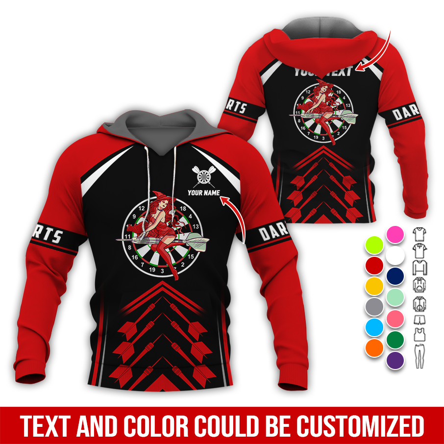Personalized Name & Text Darts Premium Hoodie, Witch Riding Broom & Darts Hoodie, Perfect Gift For Darts Lovers, Friend, Family