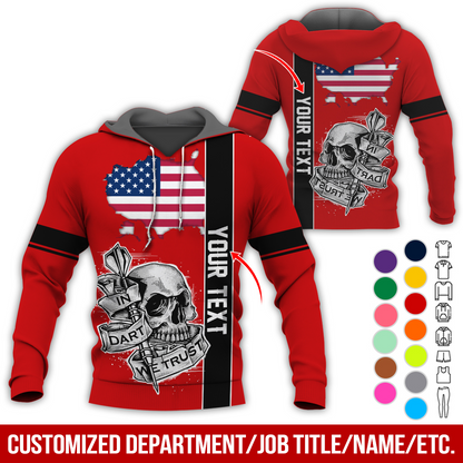 Customized Name & Text Darts Skull Premium Hoodie, In Darts We Trust Skull & American Map Pattern Hoodie, Perfect Gift For Darts Lovers, Friend, Family