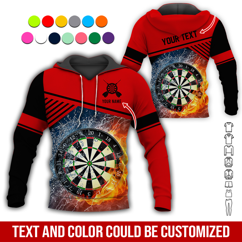 Customized Name & Text Darts Premium Hoodie, Water and Fire Dartboards Pattern Hoodie For Men & Women, Perfect Gift For Darts Lovers, Friend, Family