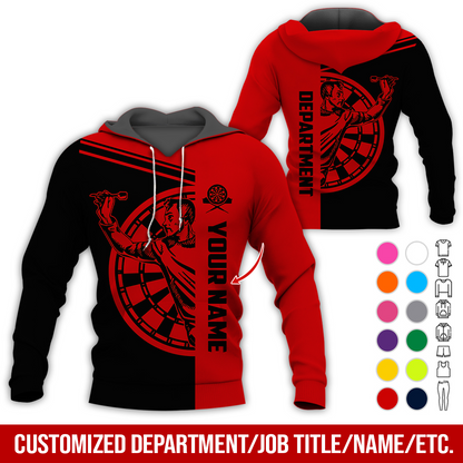 Customized Name & Department Darts Premium Hoodie, Man Playing Darts Pattern Black Hoodie, Perfect Gift For Darts Lovers, Friend, Family