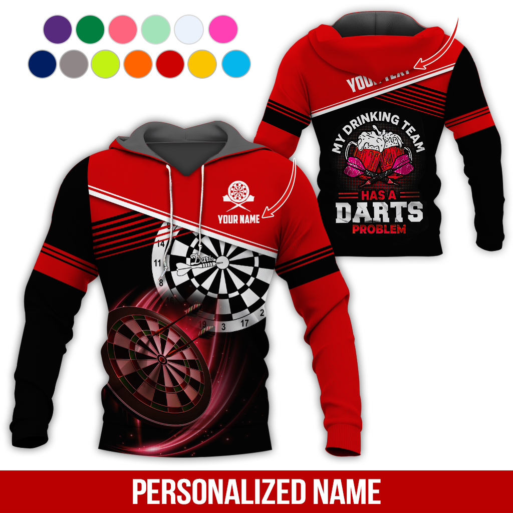Customized Name & Text Darts Skull Premium Hoodie, My Drinking Team Has Darts Problem Hoodie, Perfect Gift For Darts Lovers, Darts Player