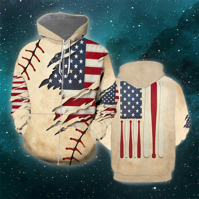 Baseball Premium Zip Hoodie, Vintage American Baseball Bat Flag For Men And Women, Perfect Outfit For Christmas New Year Autumn Winter