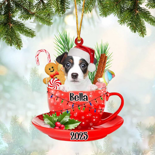 Custom Dog Acrylic Christmas Ornament, Personalized Awesome Jack Russell Terrier & Santa Hat In Red Cup Christmas Acrylic Ornament for Dog Lover