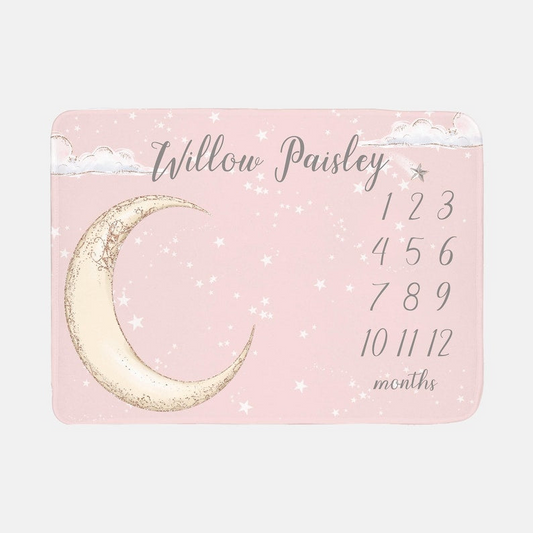 Moon and Stars Baby Milestone Blanket Customized Name For Baby Girl Nursery, Daughter, Granddaughter