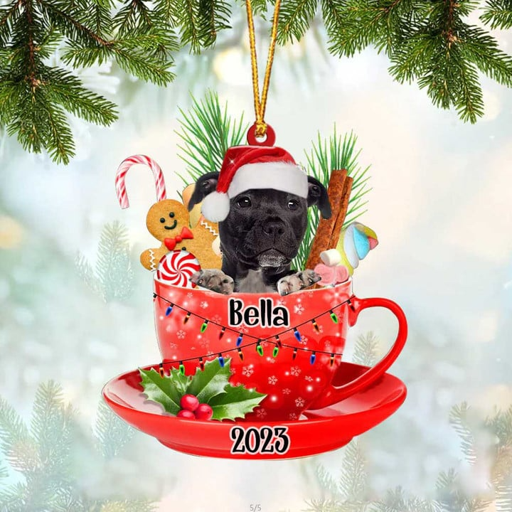 Custom Dog Acrylic Christmas Ornament, Personalized Black American Staffordshire Terrier & Santa Hat In Red Cup Acrylic Ornament for Dog Lover