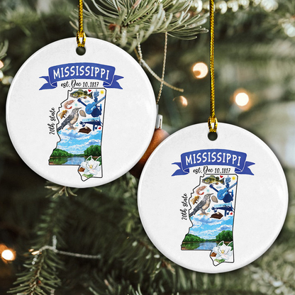 Mississippi Ceramic Christmas Ornament - Artistic Mississippi State Landmarks Circle Ceramic Ornament, Gift For Christmas, Holiday Decor