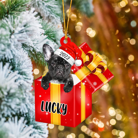 Custom Dog Acrylic Christmas Ornament, Personalized Black French Bulldog In Red Gift Box Acrylic Ornament for Dog Lover, Christmas, New Year