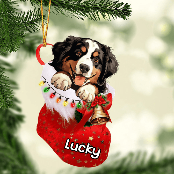 Custom Dog Acrylic Christmas Ornament, Personalized Bernese Mountain in Christmas Stocking Acrylic Ornament for Dog Lover, New Year