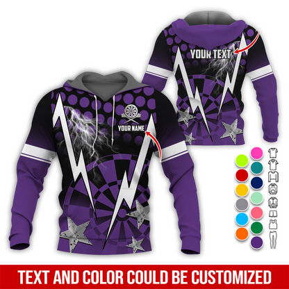 Personalized Lightning & Stars Darts Premium Hoodie, Customized Name & Text Darts Hoodie, Perfect Gift For Darts Lovers, Darts Player