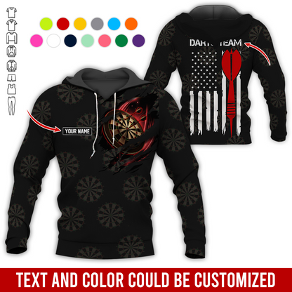Customized Name & Team Name Darts Premium Hoodie, American Flag & Darts Pattern Black Hoodie, Perfect Gift For Darts Lovers, Friend, Family
