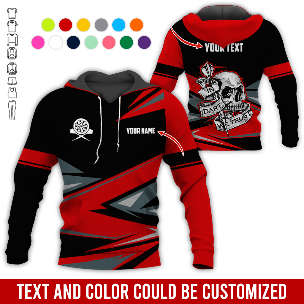 Customized Name & Text Darts Skull Premium Hoodie, In Darts We Trust Hoodie For Men & Women, Perfect Gift For Darts Lovers, Friend, Family