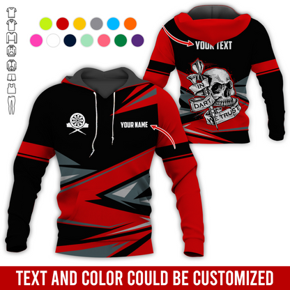 Customized Name & Text Darts Skull Premium Hoodie, In Darts We Trust Hoodie For Men & Women, Perfect Gift For Darts Lovers, Friend, Family