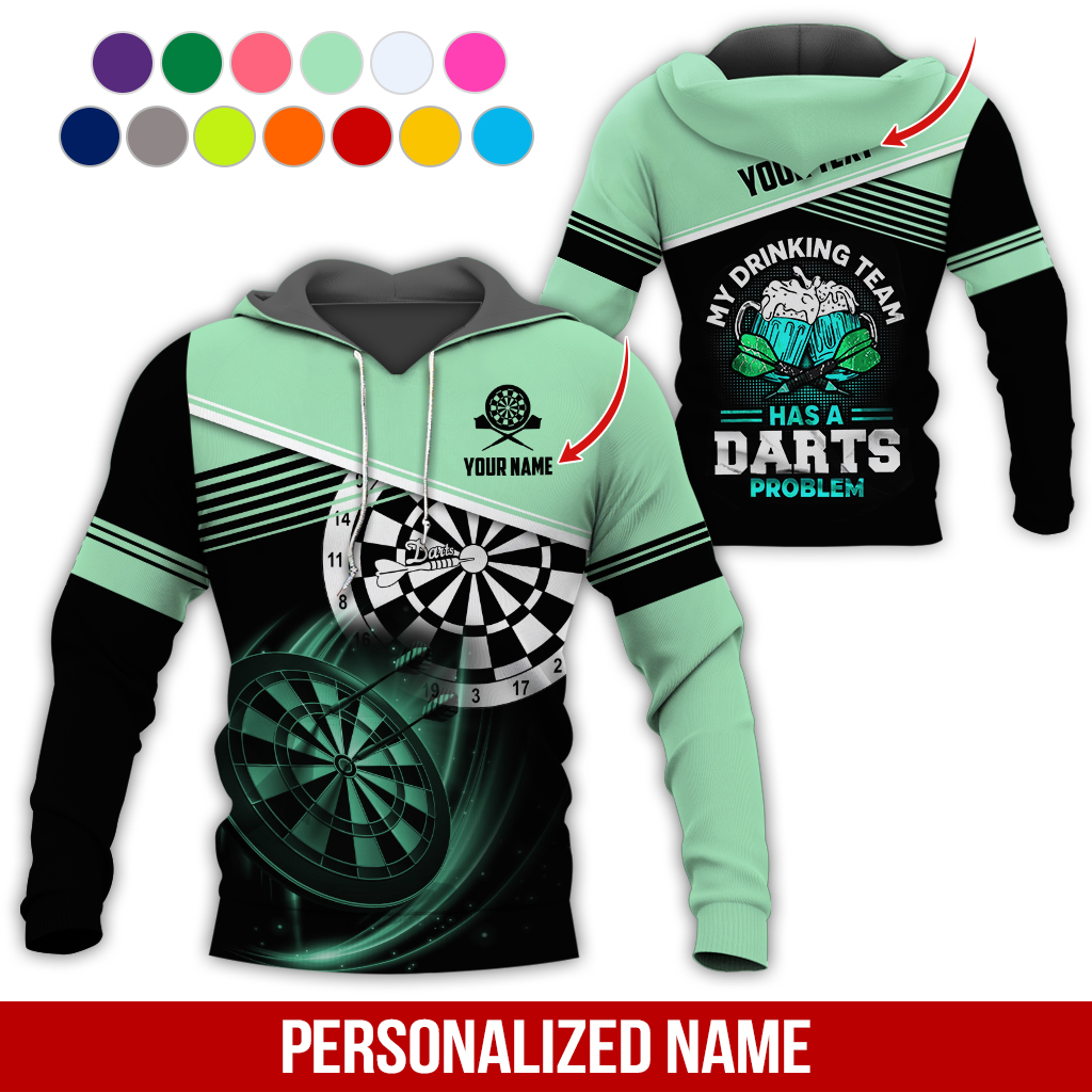 Customized Name & Text Darts Skull Premium Hoodie, My Drinking Team Has Darts Problem Hoodie, Perfect Gift For Darts Lovers, Darts Player