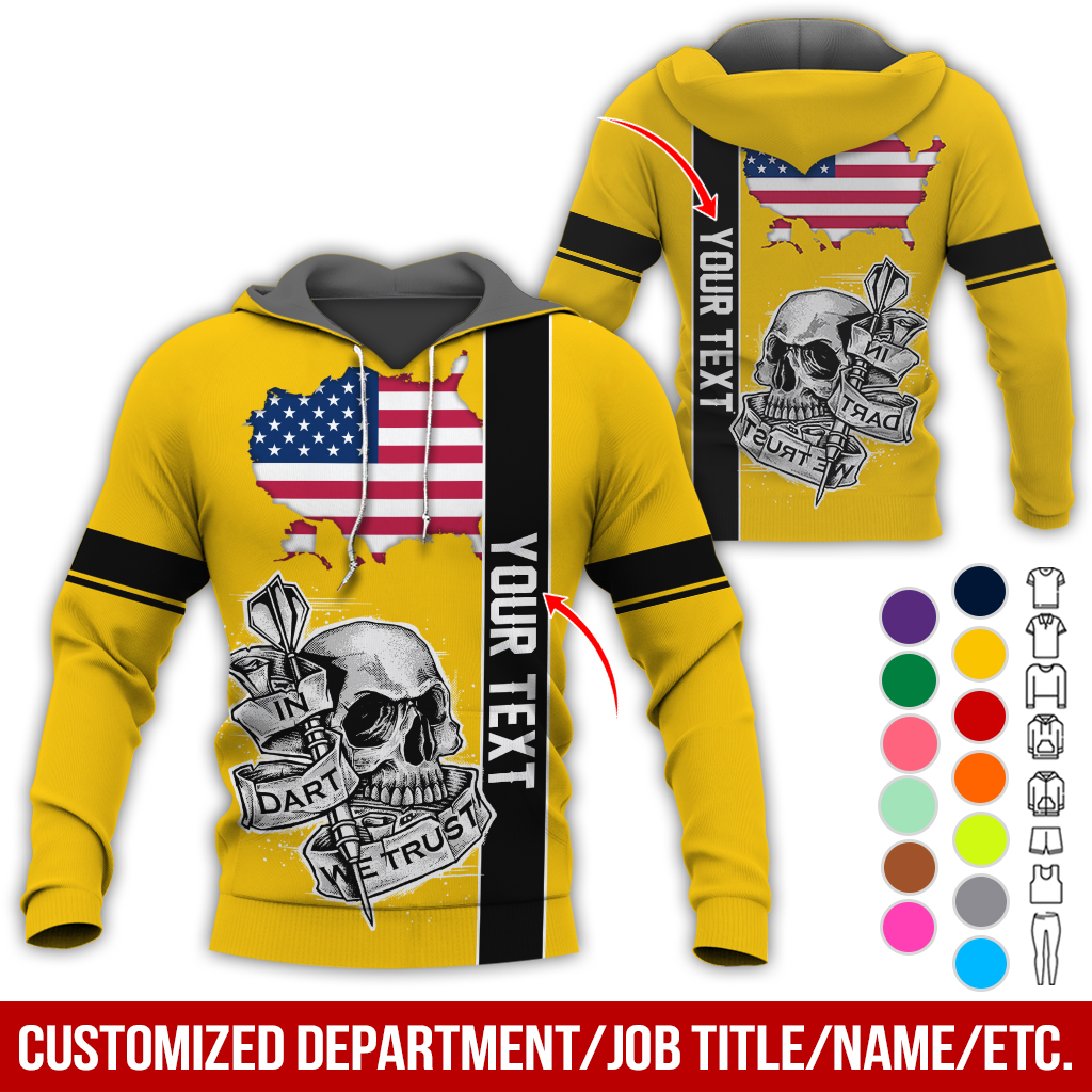 Customized Name & Text Darts Skull Premium Hoodie, In Darts We Trust Skull & American Map Pattern Hoodie, Perfect Gift For Darts Lovers, Friend, Family