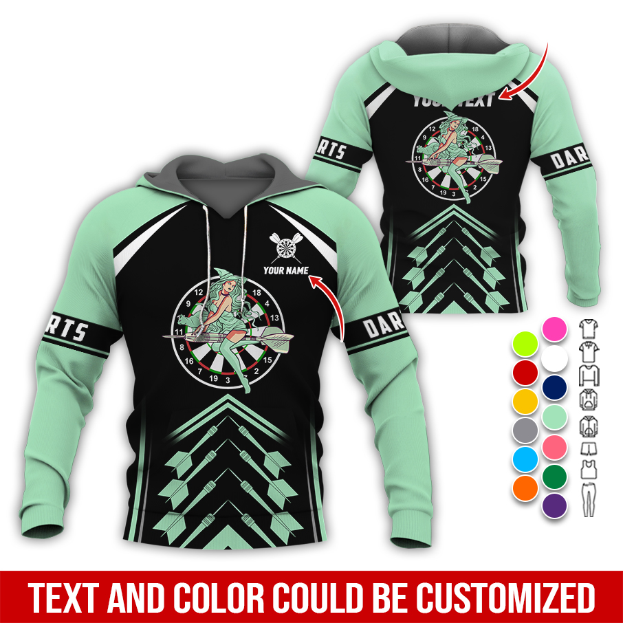 Personalized Name & Text Darts Premium Hoodie, Witch Riding Broom & Darts Hoodie, Perfect Gift For Darts Lovers, Friend, Family