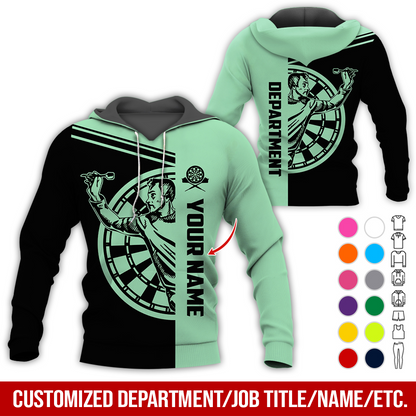 Customized Name & Department Darts Premium Hoodie, Man Playing Darts Pattern Black Hoodie, Perfect Gift For Darts Lovers, Friend, Family