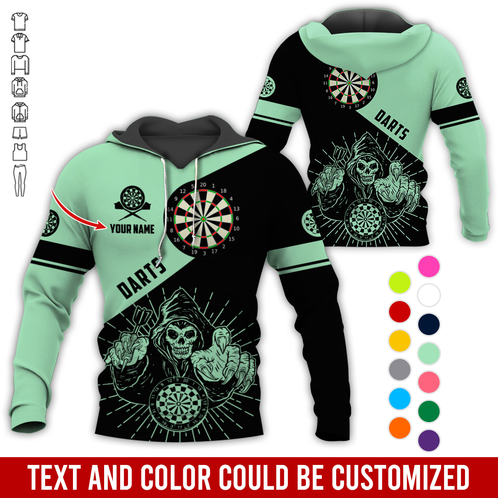 Customized Name Darts Skull Premium Hoodie, Skeleton Playing Darts Pattern Hoodie, Perfect Gift For Darts Lovers, Friend, Family