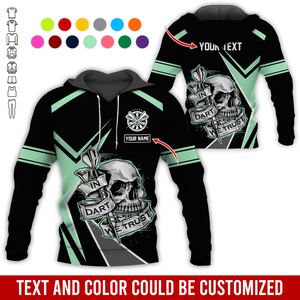 Customized Name & Text Darts Skull Premium Hoodie, In Darts We Trust Skull Pattern Colorful Hoodie, Perfect Gift For Darts Lovers, Friend, Family