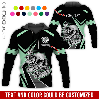 Customized Name & Text Darts Skull Premium Hoodie, In Darts We Trust Skull Pattern Colorful Hoodie, Perfect Gift For Darts Lovers, Friend, Family