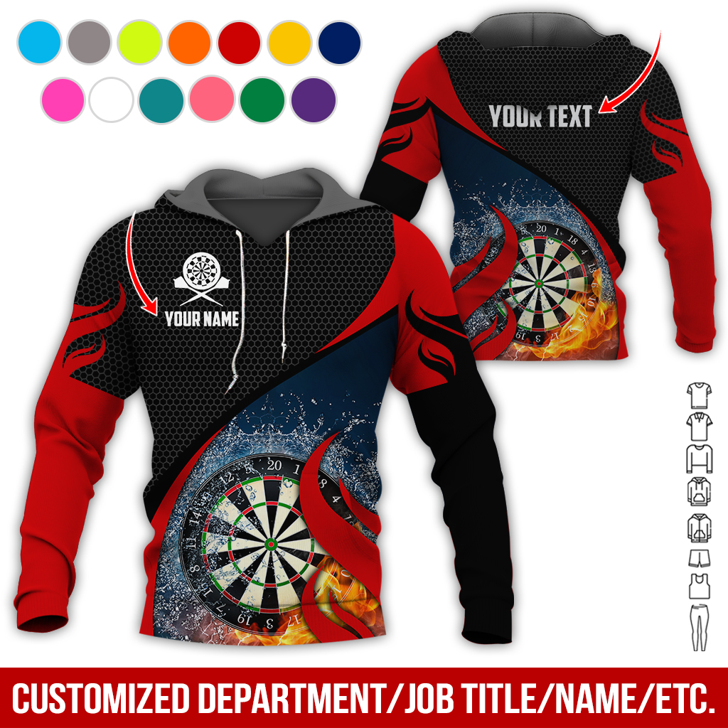 Personalized Fire & Water Darts Premium Hoodie, Customized Name & Text Darts Hoodie, Honeycomb Pattern Hoodie, Perfect Gift For Darts Lovers, Darts Player