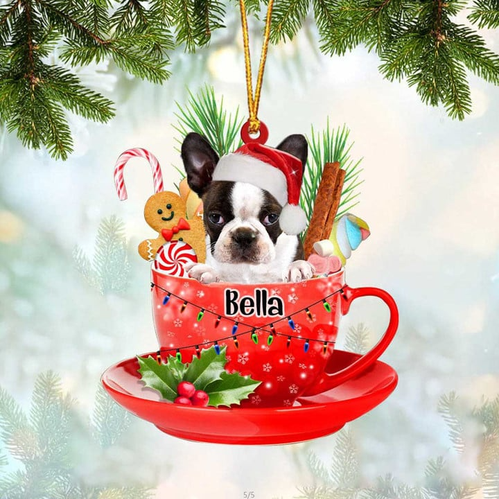 Custom Dog Acrylic Christmas Ornament,Personalized Boston Terrier & Santa Hat In Red Cup Acrylic Ornament for Dog Lover,Christmas, New Year