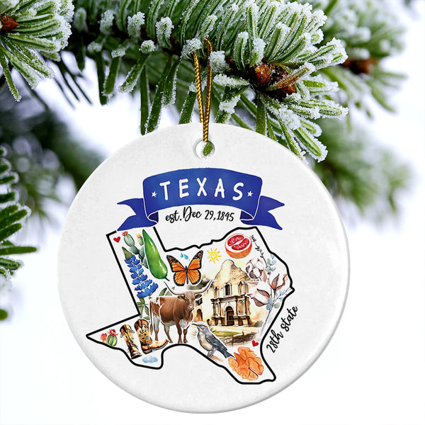 Artistic Texas Ceramic Christmas Ornament - Artistic Texas State Landmarks Circle Ceramic Ornament, Gift For Christmas, Holiday Decor