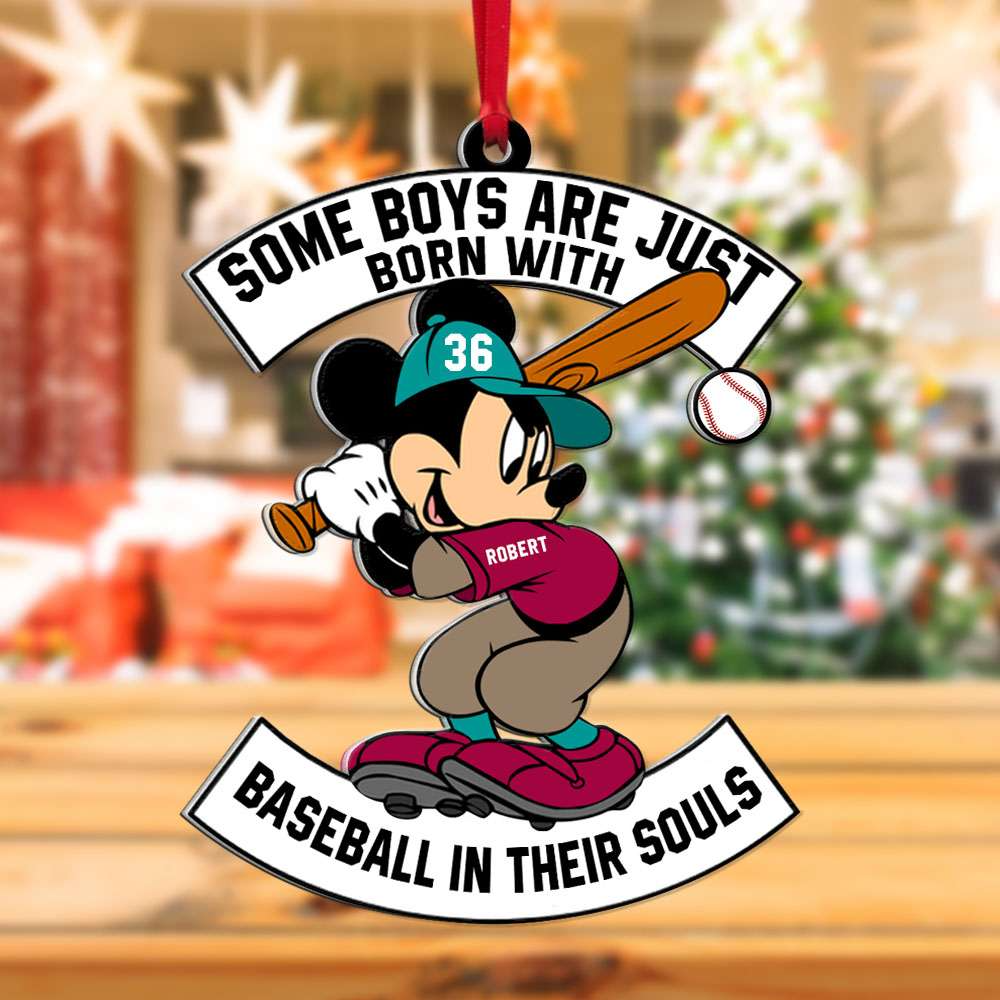 Custom Baseball Acrylic Ornament, Personalized Mickey Baseball Born With Baseball In Their Souls Acrylic Ornament - Perfect Gift For Baseball Lover, Christmas, New Year