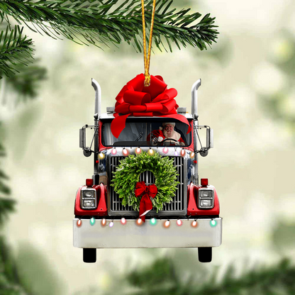Custom Truck Acrylic Christmas Ornament, Personalized Santa Claus Driving Christmas Truck Acrylic Ornament For Truck Driver, Christmas