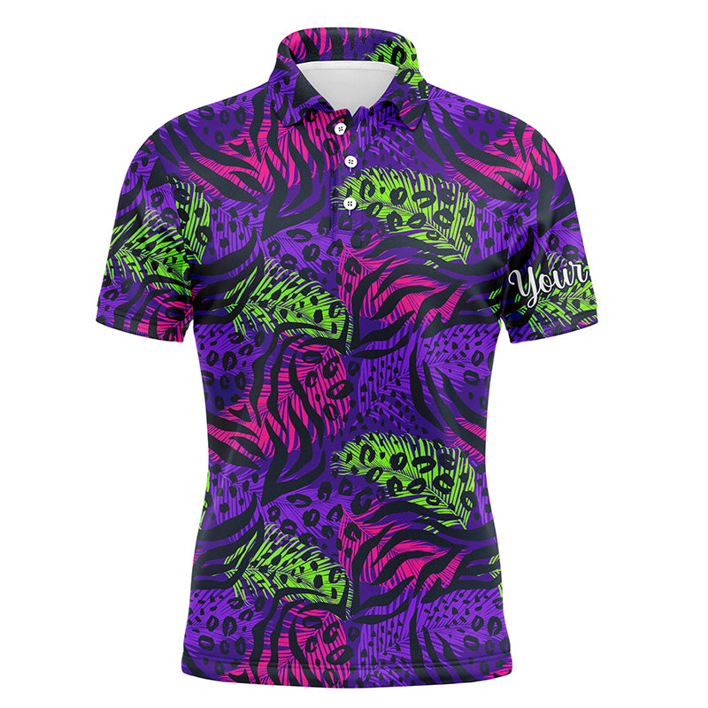 Golf Men Polo Shirt - Colorful Purple Tropical Background Custom Name Black - Personalized Gift For Golf Lover, Team, Golfers