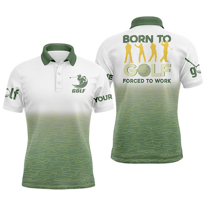 Custom Golf Long Sleeve Men Polo Shirt - Green Pattern Custom Name Apparel - Born To Golf Forced To Work - Personalized Gift For Golf Lover, Team