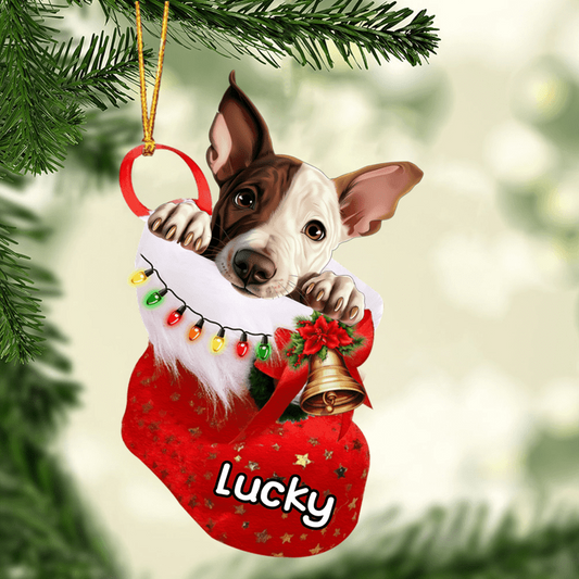 Custom Dog Acrylic Christmas Ornament, Personalized Miniature Bull Terrier In Stocking Christmas Acrylic Ornament for Dog Lover, New Year