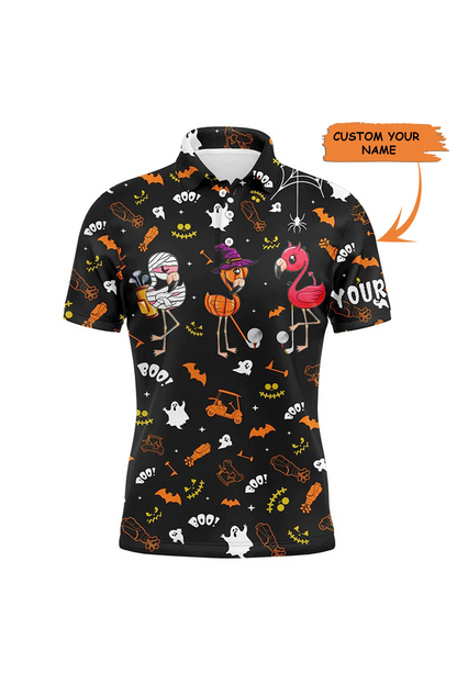 Custom Golf Long Sleeve Men Polo Shirt, Custom Name Orange Black Halloween Background Flamingo Apparel - Perfect Gift For Men, Golf Lovers