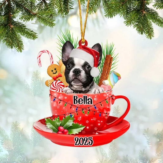 Custom Dog Acrylic Christmas Ornament, Personalized Baby French Bulldog & Santa Hat In Red Cup Christmas Acrylic Ornament for Dog Lover