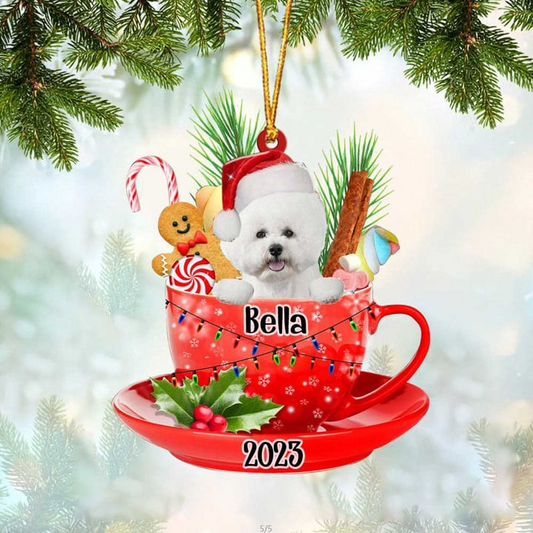 Custom Dog Acrylic Christmas Ornament, Personalized Cute White Bichon Frise & Santa Hat In Red Cup Acrylic Ornament for Dog Lover