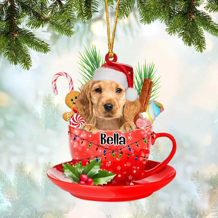 Custom Dog Acrylic Christmas Ornament, Personalized Golden Cocker Spaniel & Santa Hat In Red Cup Acrylic Ornament for Dog Lover, Christmas, New Year