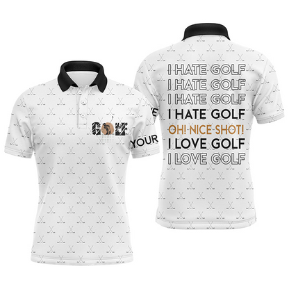 Custom Golf Long Sleeve Men Polo Shirt-Golf Clubs Pattern Custom Name Apparel, I Hate Golf Nice Shot I Love Golf-Personalized Gift For Men, Golf Lover