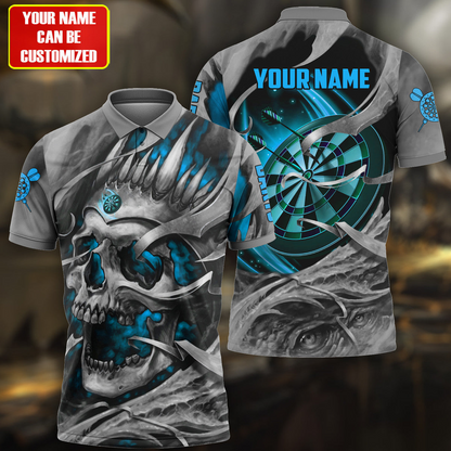 Customized Darts Men Polo Shirt, Personalized Name Multicolor Teal Skull Darts Polo Shirt For Men - Gift For Darts Players, Darts Lovers