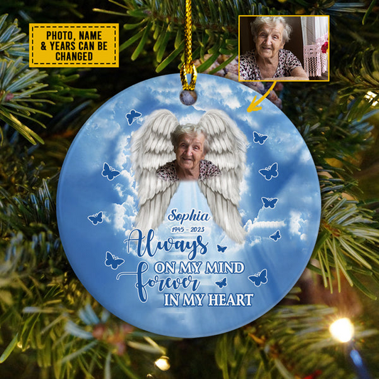 Personalized Ceramic Christmas Ornament - Custom Always On My Mind Forever In My Heart Ceramic Ornament, Memorial Gift For Family Member