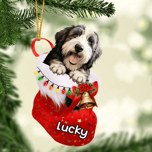 Custom Dog Acrylic Christmas Ornament, Personalized Old English Sheepdog In Stocking Christmas Acrylic Ornament for Dog Lover, New Year