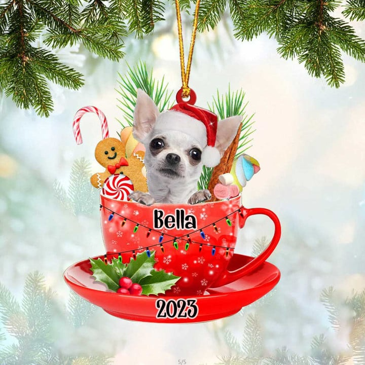 Custom Dog Acrylic Christmas Ornament, Personalized White Chihuahua In Cup Merry Christmas Acrylic Ornament for Dog Lover, Christmas, New Year