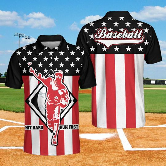 Baseball Men Polo Shirt, Hit Hard Run Fast Baseball Polo Shirt For Men, Perfect Polo Shirt For Baseball Lovers